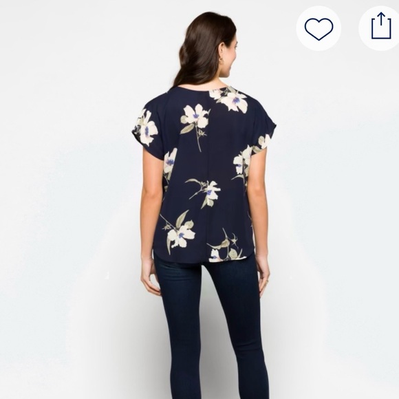 BEACON Navy Floral Twist Front Blouse Preppy Office Top Size Medium - Picture 2 of 10